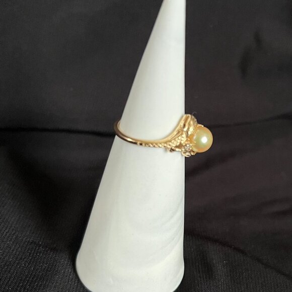 Vintage 1940's Japanese Akoya Golden Pearl & White Topaz 10K Gold Ring sz 5 - Picture 4 of 8